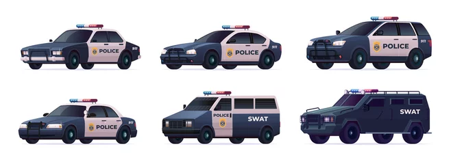 Gordijnen Verzameling politieauto& 39 s van verschillende typen. Stad stedelijke politieauto, busje, suv, achtervolging en swat truck © Vector_Vision