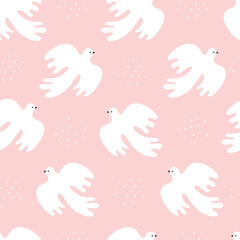 Seamless pattern with white doves flying on pink background.