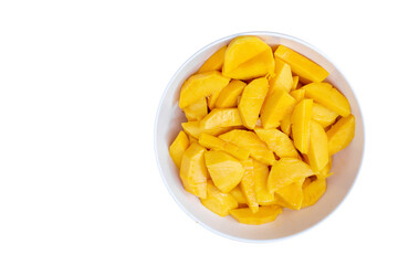 Beautiful yellow ripe mangoes in a bowl.