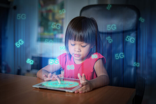 Double exposure children's used technology 5G high signal to connection with WIFI diagram for on line e-learning in quarantine stay at home concept.