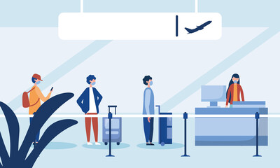 Woman at airport reception and men with masks waiting vector design
