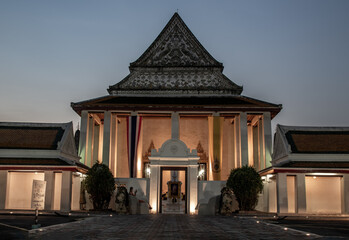 Eveningtime of Beautiful theptidaram Temple architecture is the art of the reign of King Rama III, Here It is the most tourist destination landmark in Phra Nakhon district. Selective focus.