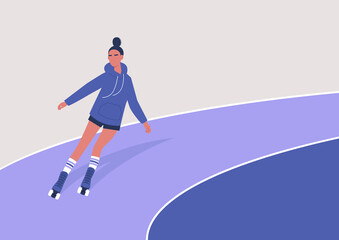 Obraz premium A young girl roller skating on a rink, leisure activity, quad skates with laces