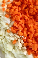 Diced carrot, onion and garlic. Making Lasagna Bolognese Series.