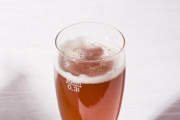 beer foam in glass. home made craft beer from light malt  on white background.  Ale or lager from pilsner malt