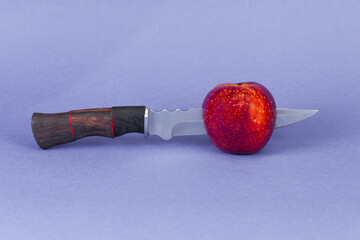 Hunting knife with a red Apple on the blade, close-up.
