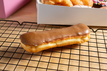 A view of a maple donut bar, in a still life setting.