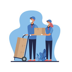 Woman and man with masks and boxes on cart vector design