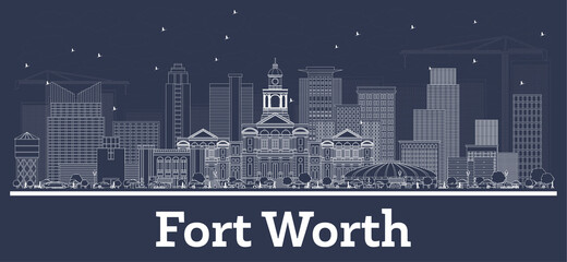 Outline Fort Worth Texas City Skyline with White Buildings.