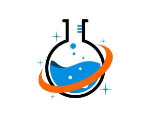 Bottle laboratory with liquid and swoosh