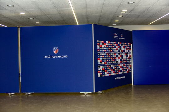 MADRID, SPAIN - APR 12, 2018: Sponsors' logos at the Wanda Metropolitano, the home stadium of Atletico Madrid since 2017. Rosas, San Blas-Canillejas district