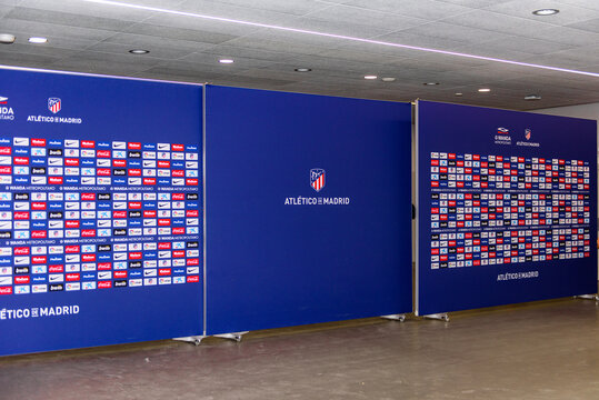 MADRID, SPAIN - APR 12, 2018: Sponsors' logos at the Wanda Metropolitano, the home stadium of Atletico Madrid since 2017. Rosas, San Blas-Canillejas district