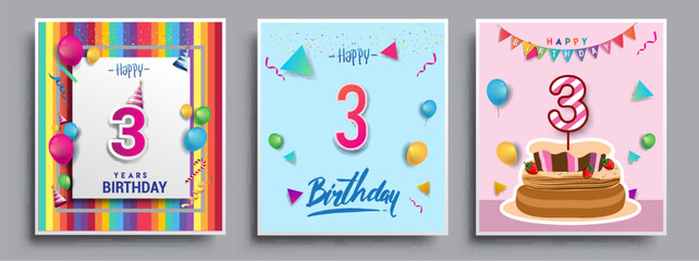 Vector Sets of 3rd Years Birthday invitation, greeting card Design, with confetti and balloons, birthday cake, Colorful Vector template Elements for your Birthday Celebration Party.