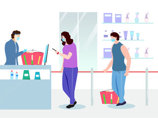 Illustration of Buyers wearing medical mask with product basket in front of supermarket store counter and maintaining social distance for Avoid Coronavirus.