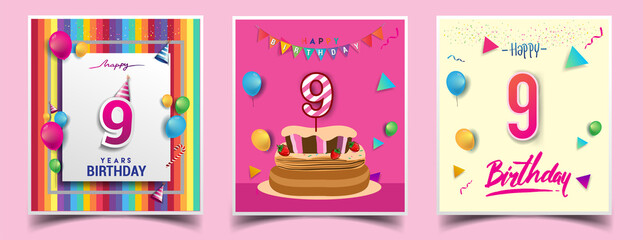 Vector Sets of 9th Years Birthday invitation, greeting card Design, with confetti and balloons, birthday cake, Colorful Vector template Elements for your Birthday Celebration Party.