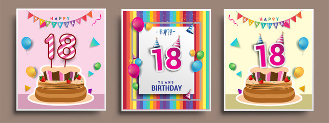 Vector Sets of 18th Years Birthday invitation, greeting card Design, with confetti and balloons, birthday cake, Colorful Vector template Elements for your Birthday Celebration Party.