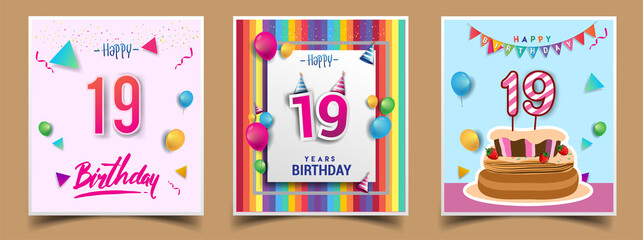 Vector Sets of 19th Years Birthday invitation, greeting card Design, with confetti and balloons, birthday cake, Colorful Vector template Elements for your Birthday Celebration Party.