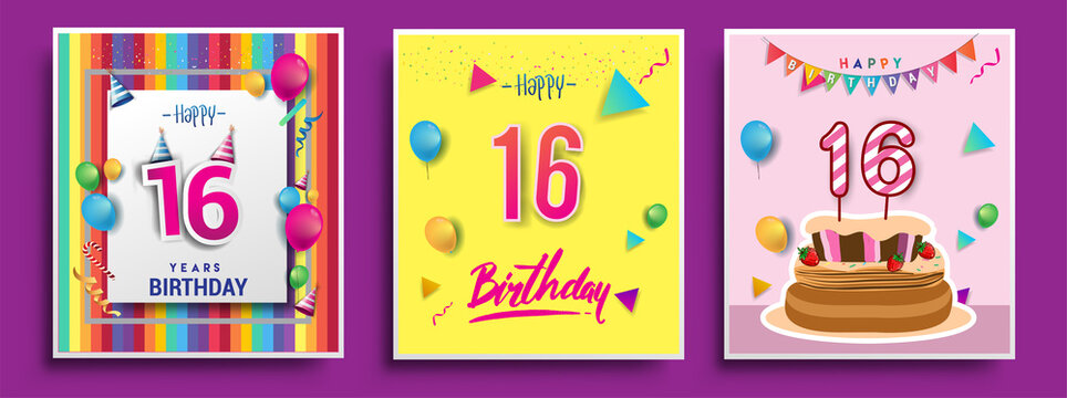 Vector Sets of 16th Years Birthday invitation, greeting card Design, with confetti and balloons, birthday cake, Colorful Vector template Elements for your Birthday Celebration Party.