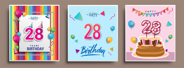 Vector Sets of 28th Years Birthday invitation, greeting card Design, with confetti and balloons, birthday cake, Colorful Vector template Elements for your Birthday Celebration Party.