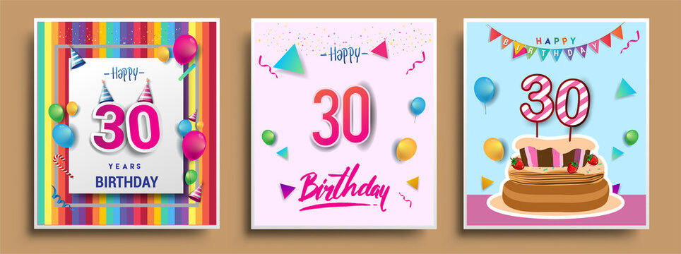 Vector Sets of 30th Years Birthday invitation, greeting card Design, with confetti and balloons, birthday cake, Colorful Vector template Elements for your Birthday Celebration Party.