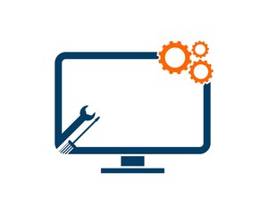 Computer with repair tools and orange gear on top