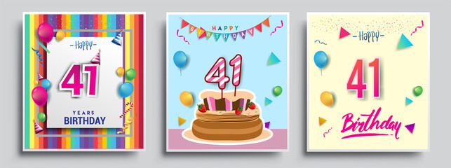 Vector Sets of 41st Years Birthday invitation, greeting card Design, with confetti and balloons, birthday cake, Colorful Vector template Elements for your Birthday Celebration Party.