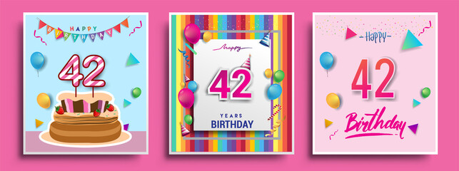 Vector Sets of 42nd Years Birthday invitation, greeting card Design, with confetti and balloons, birthday cake, Colorful Vector template Elements for your Birthday Celebration Party.