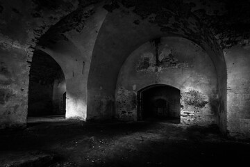Fototapeta na wymiar Basement of Daugavpils fortress in colors and black and white