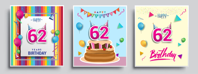 Fototapeta na wymiar Vector Sets of 62nd Years Birthday invitation, greeting card Design, with confetti and balloons, birthday cake, Colorful Vector template Elements for your Birthday Celebration Party.