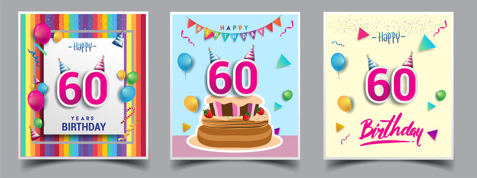 Vector Sets of 60th Years Birthday invitation, greeting card Design, with confetti and balloons, birthday cake, Colorful Vector template Elements for your Birthday Celebration Party.