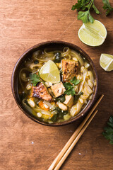 Miso Ramen Asian noodles soup with tempeh or tempe  in a bowl. Health food for healthy eating for...