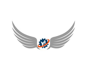 Gray wings and blue gear with wrench inside