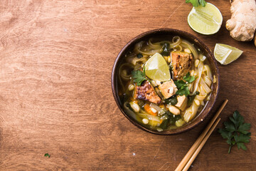 Miso Ramen Asian noodles soup with tempeh or tempe  in a bowl. Health food for healthy eating for vegans & vegetarians