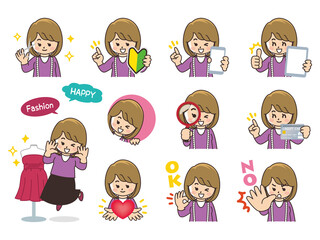 スタイリストの女性　バリエーション　初心者マーク　スマートフォン　タブレット　虫眼鏡　クレジットカード　ハート　OK　NO