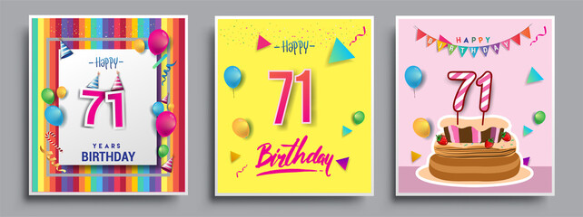 Vector Sets of 71st Years Birthday invitation, greeting card Design, with confetti and balloons, birthday cake, Colorful Vector template Elements for your Birthday Celebration Party.