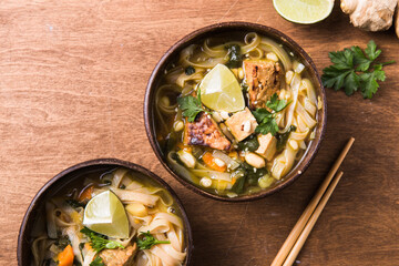 Miso Ramen Asian noodles soup with tempeh or tempe  in a bowl. Health food for healthy eating for vegans & vegetarians. A close-up view of Chinese noodle soup