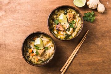 Miso Ramen Asian noodles soup with tempeh or tempe  in a bowl. Health food for healthy eating for vegans & vegetarians. A close-up view of Chinese noodle soup