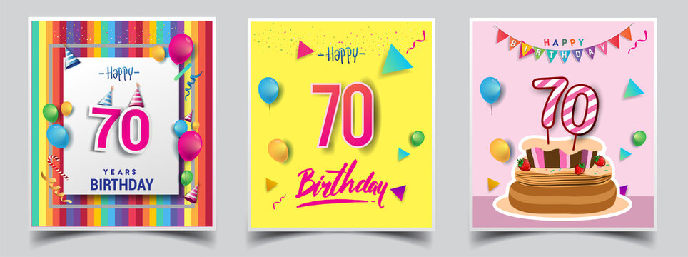 Vector Sets of 70th Years Birthday invitation, greeting card Design, with confetti and balloons, birthday cake, Colorful Vector template Elements for your Birthday Celebration Party.