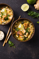 Miso Ramen Asian noodles soup with tempeh or tempe  in a bowl. Health food for healthy eating for vegans & vegetarians