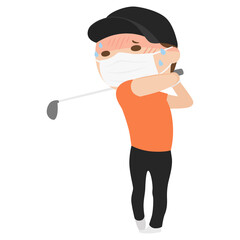 感染予防にマスクを付けてゴルフをしてる男性。暑くて熱中症気味になっているイラスト。