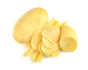 peeled stick potatoes isolated on white background