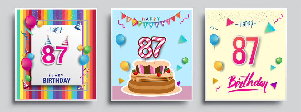 Vector Sets of 87th Years Birthday invitation, greeting card Design, with confetti and balloons, birthday cake, Colorful Vector template Elements for your Birthday Celebration Party.