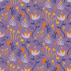 Folk style blooms seamless vector pattern on purple. Decorative surface print design for summertie fabrics, textiles, stationery, scrapbook paper, gift wrap, and packaging.