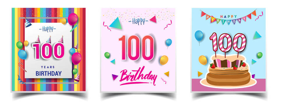 Vector Sets of 100th Years Birthday invitation, greeting card Design, with confetti and balloons, birthday cake, Colorful Vector template Elements for your Birthday Celebration Party.