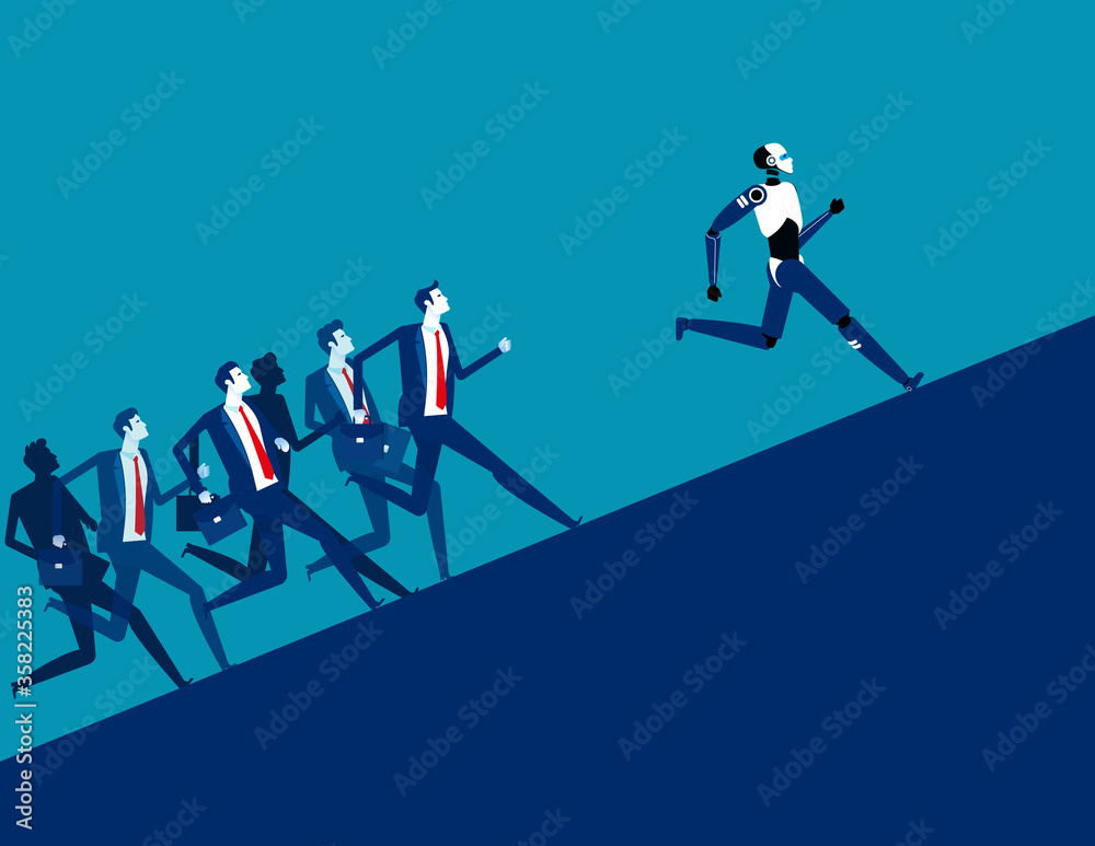 Wall mural business team competition with robot. robot vs human. artificial intelligence