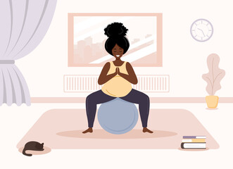 Yoga during pregnancy. African woman doing fitness exercises with fitball. Health care and sport concept. Beauty female character at home interior. Vector illustration in flat style.