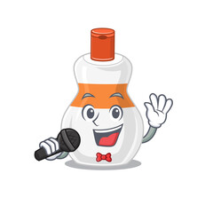 caricature character of body lotion happy singing with a microphone