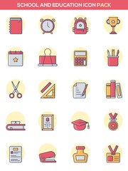 Red and Yellow School or Education Icons on Round Background.