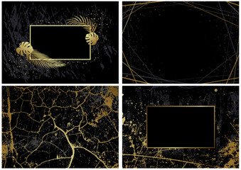 Set of Black Backgrounds with Artistic Golden Decoration - Gold Marble Pattern and Gold Lines Pattern and Gold Frame with Palm Leafs on Black, Vector Illustration