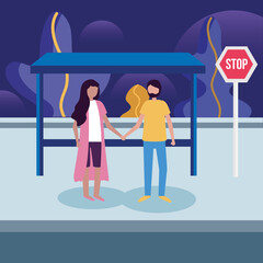 woman and man at bus stop vector design